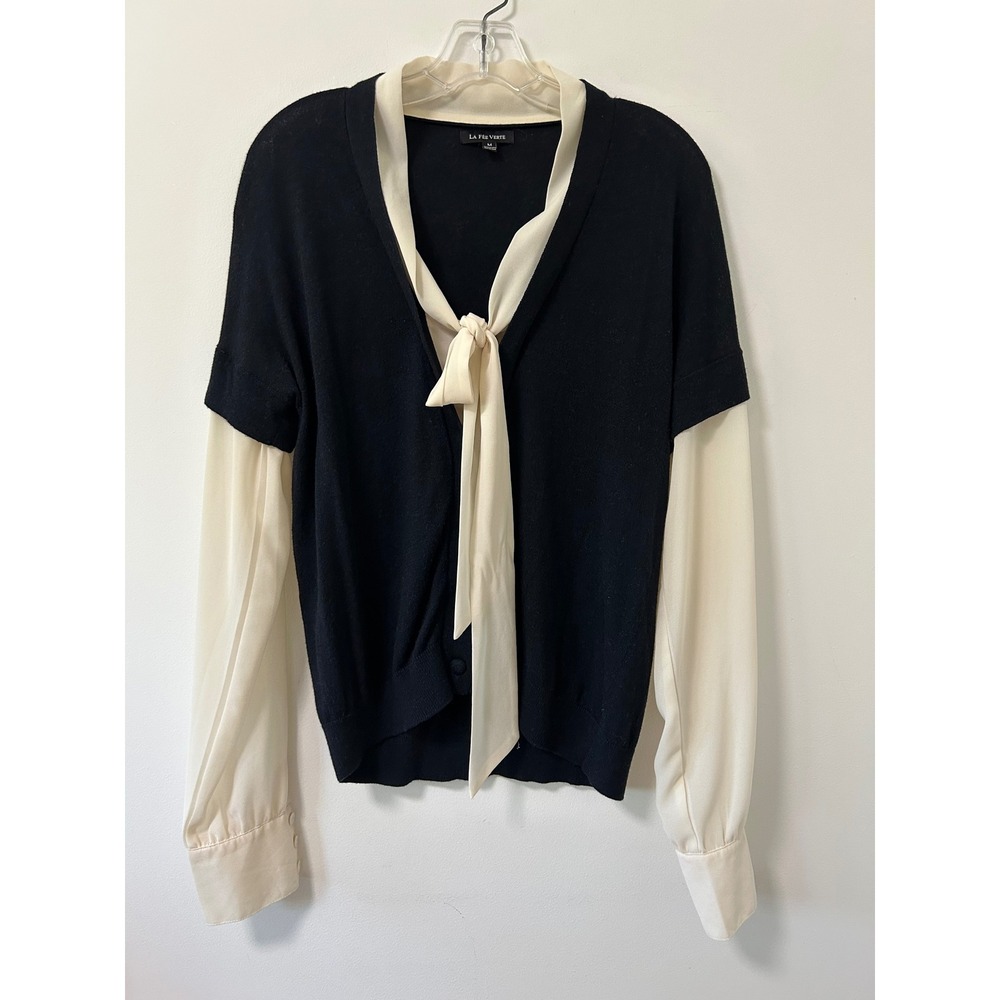La Fee Verte Womens‎ Black Cream Layered Tie Neck Cashmere Blend Cardigan M